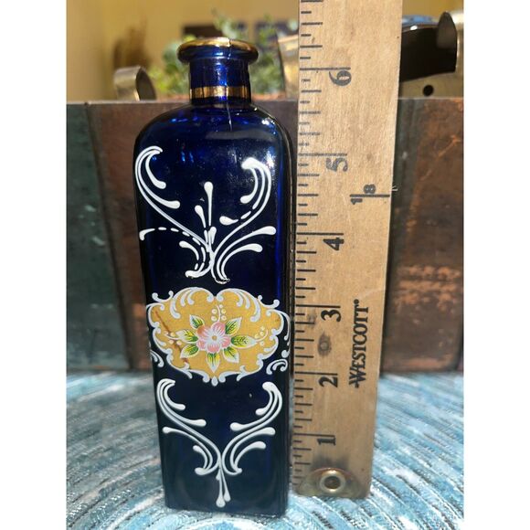 Vintage Hand Painted Bohemian Cobalt Blue Bottle Gold Floral Italy - Picture 5 of 7